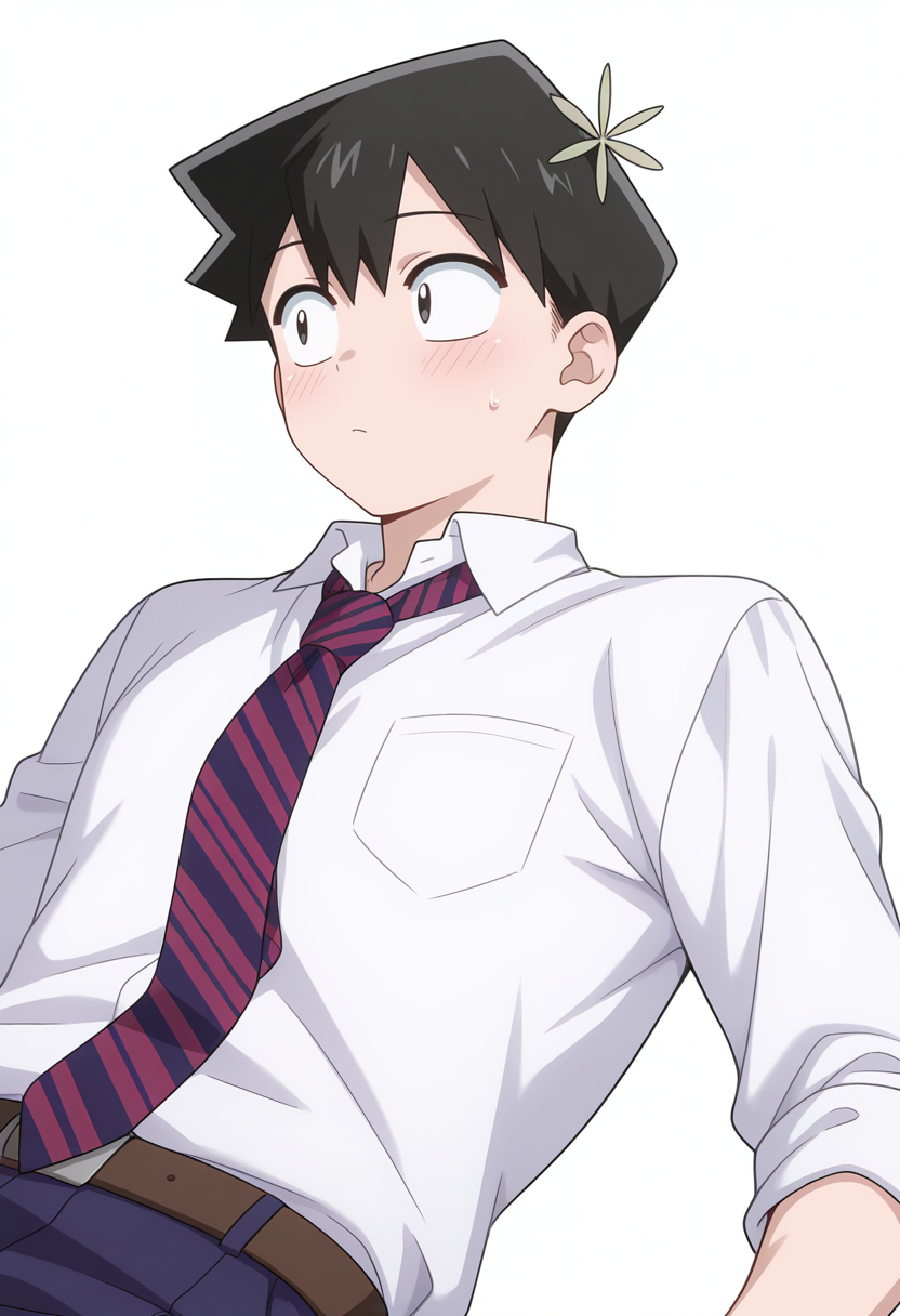 Smooth Quality,masterpiece,very intricate, high quality details, ultra realistic, high detailed skin,detailed enviorement,
simple background, white background, blush,
lying, solo, 
 <lora:Tadano_Hitohito_cnn:0.8>tadanohitohitocnn, tadanocnn,1boy,black hair, short hair, black eyes, hair flower,
school uniform, white shirt,striped necktie, pants,