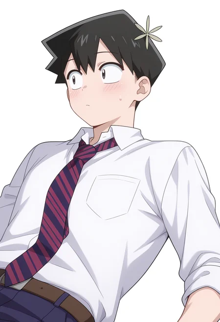 Smooth Quality,masterpiece,very intricate, high quality details, ultra realistic, high detailed skin,detailed enviorement,
simple background, white background, blush,
lying, solo,
<lora:Tadano_Hitohito_cnn:0.8>tadanohitohitocnn, tadanocnn,1boy,black hair, short hair, black eyes, hair flower,
school uniform, white shirt,striped necktie, pants,