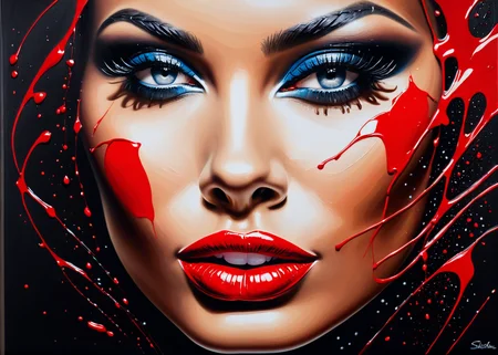 (acrylic painting:1.1), ((Lips with lipstick of flowing red color)), ((red color drips from the lips)), flowing, dripping, tempting shot, light skin, black background, highly detailed, glamour, (only uses 256 different shades in total), (brush strokes:0.6), high contrast, (paint drips:0.5), stark, (dripping paint0.5), (splatters:0.5), (dramatic:0.4), (photorealistic:0.2), extreme closeup of the lips,
<lora:MS_AcrylicArt_V1_SDXL:0.8> acrylic_painting, painting, brush strokes, paint drops, paint splatter