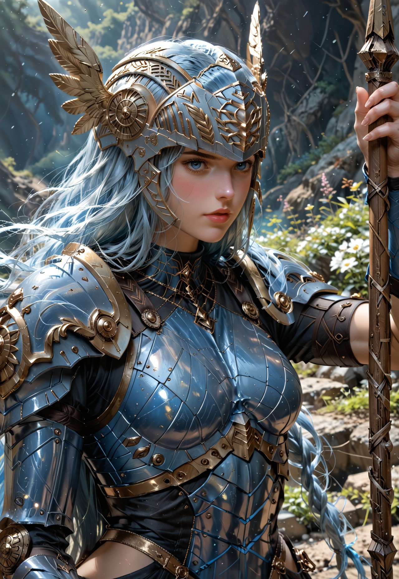 Beautiful woman, 24 years old. Fair skin. Smooth skin. Silvery blue hair. Incredible detail, high clarity. Free hair with braids. Long hair. Lips. 

Valkyrie helmet, winged helmet, beaked helmet.

Deep blue armor, metal armor, smooth armor. White pleated skirt. Holding a spear staff beside her. Good anatomy. Detailed face. Arm braces. Slim shoulder armor.