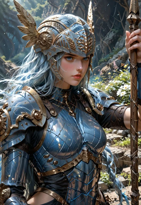 Beautiful woman, 24 years old. Fair skin. Smooth skin. Silvery blue hair. Incredible detail, high clarity. Free hair with braids. Long hair. Lips. 

Valkyrie helmet, winged helmet, beaked helmet.

Deep blue armor, metal armor, smooth armor. White pleated skirt. Holding a spear staff beside her. Good anatomy. Detailed face. Arm braces. Slim shoulder armor.