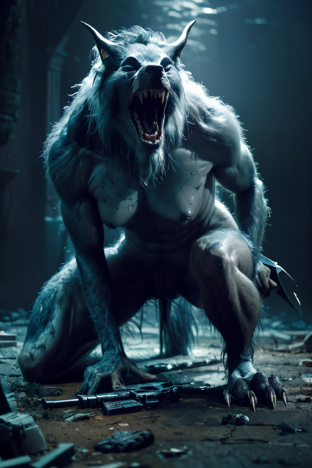 EdobWerewolf woman (gigantic breasts:1.2) exposed chest (full body shot) (Realistic:1.5) kneeling, lying, water, horns, fangs, sharp teeth, angry, teeth, corpse, ruins, blue theme, angry, weapon, claws, closed eyes, artist name, underwater, armor, corpse, closed mouth,  <lora:EdobWerewolf_v2.0:0.8>