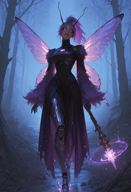 masterpiece, (best quality:1.1), ultra-detailed, high resolution, highly detailed macro illustration, solo BREAK 1girl, hybrid, humanoid female robot, queen of mechanical insects, glowing eyes, long eyelashes, makeup, (metallic purple hair, high ponytail), sleek metallic body, metal skin, metallic limbs, narrow waist, large breasts, (evil expression, cute face:1.3), fluffy tuft, arthropod, antennae, (glowing eyes:1.3), look at viewer BREAK (black mage dress:1.3), (magic insect wings:1.3), Amulet, (Holding magic staff:1.2), in the air, full body, magic energy, (magic effects), robotic insect army, forest ruins at night, moonlight, sparkling particles, misty air, cinematic composition, centered full body, looking at viewer BREAK detailed background, (close-up:1.2), sharp focus, perfect lighting, extremely detailed, high detail, cinematic softness,
<lora:ppw_v7_animv4_1_r2:0.6> <lora:748cm_illu:0.6> 7481llu <lora:69yottea_illu_v2:0.4> <lora:illustrious_all_rated_v1:0.6> masterpiece, best quality, very aesthetic, absurdres