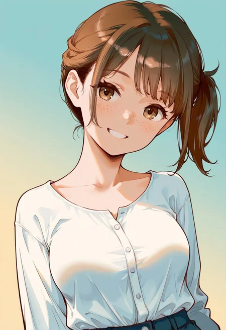 masterpiece, best quality, amazing quality, very aesthetic, absurdres, newest, 1girl, solo, (minimalism:1.2), flat-colors, flat-shading, monochrome, (spot-color), medium breasts, whole body shot, brown-eyes, brunette, side-ponytail, freckles, smile, grin, head-tilt, clothed, facing-viewer, abstract-background, two-tone-background, gradient-background, detailed hair, volumetric lighting, realistic-lighting,
