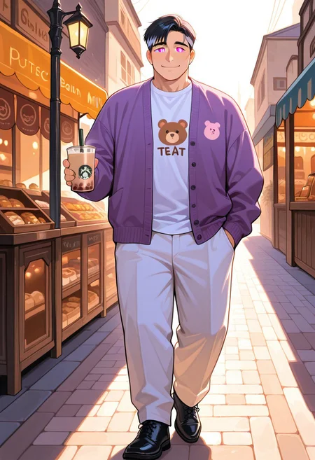 masterpiece, best quality, absurdres, newest, perfect quality, best quality, absolutely eye-catching, detailed background, intricate details, male, 1boy, mature man, aged man, solo, male focus, mbti_entp, black hair, multicolored hair, pink eyes, white shirt with bear print, purple cardigan, white pants, black footwear,  outdoor, marketplace, shops, street lamp, stoned ground, warm natural lighting, lively and bustling atmosphere, background details visible, cheeky expression, smile, mouth open, holding cup boba milk tea, walking to viewer