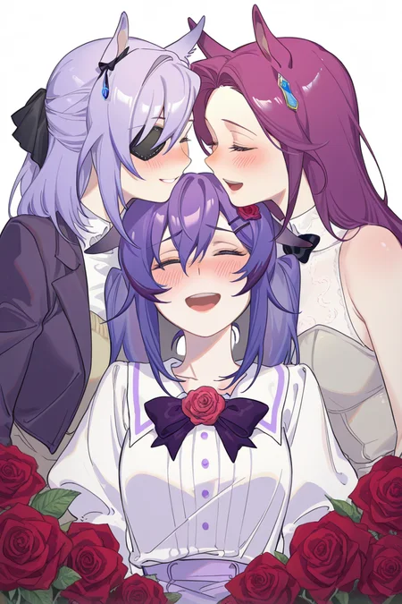 masterpiece, best quality, amazing quality,
<lora:LLAM_IL:1> llam, multiple girls, animal ears, closed eyes, 3girls, flower, eyepatch, purple hair, smile, yuri, virtual youtuber, blush, horse ears, sandwiched, open mouth, rose, bow