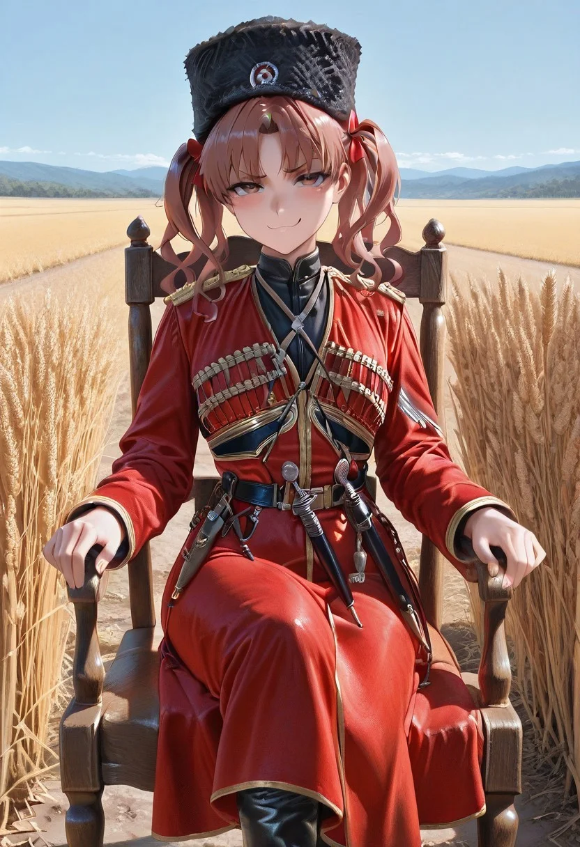 masterpiece, best quality, amazing quality, absurdres, one girl, shirai kuroko, k4z4k, black fur hat, red coat, black shirt, sheath, sword, military uniform, dagger, black boots, sitting, chair, wooden chair, on chair, smug, rural, blue sky, wheat, cowboy shot, looking at viewer,