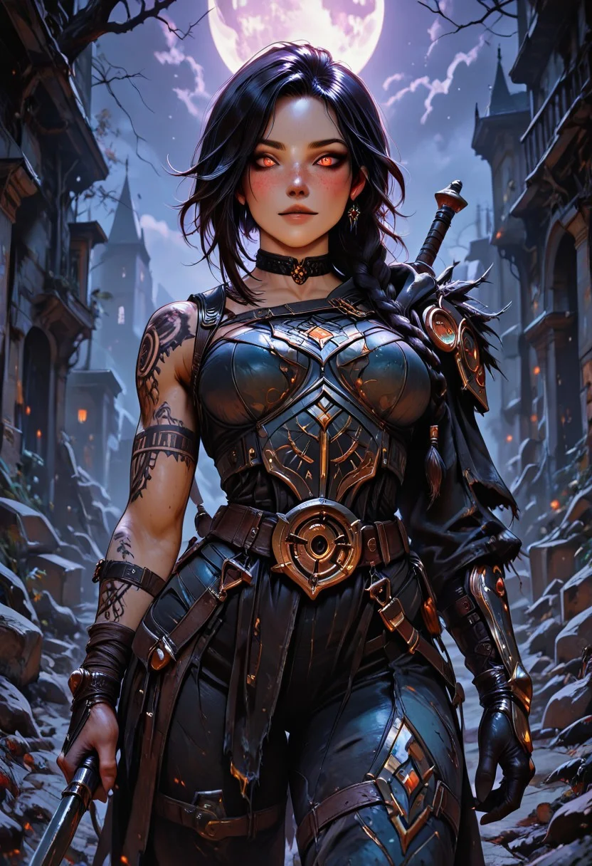 highres, very detailed, amazing quality, masterpiece,
very aesthetic, vibrant colors,
particle effect,
1girl, LunaWF, tan skin, vault, vault guardian, ancient protector, ancient weapon, hip sling, weapon on sling, hand on weapon, white braided hair, asymmetrical hair, asymmetrical sleeves, one sleeve rolled up, bicep, looking at viewer, forearm tattoo, asymmetrical clothing, beautiful eyes, eyes open, detailed eyes, freckles,
at night, night, moonlight, midnight, shadows, dark, darkness,
Cowboy shot, close up,
Front view, view from the front, facing viewer,