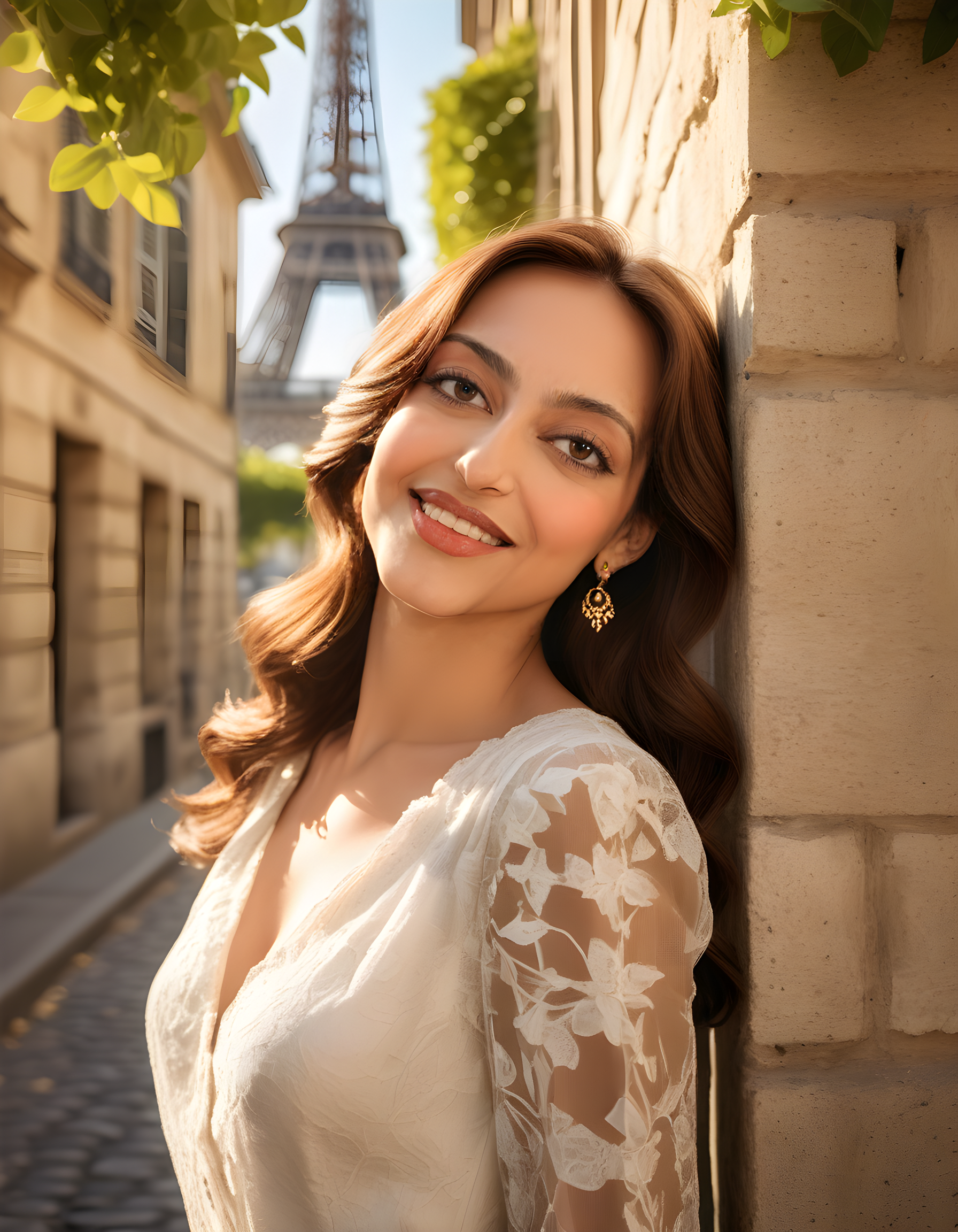 In a vibrant, sunlit Parisian courtyard adorned with blooming jasmine vines and rustic cobblestones, the subject, a radiant woman with cascading brown hair and soft brown eyes, stands proudly against a weathered stone wall. She is elegantly dressed in an am832rrb ensemble that complements her fair complexion. A pair of exquisite gold earrings dangle from her ears, catching the sunlight as they shimmer. Her lips curve into a captivating smile, adding to her alluring charm. The camera angle is slightly elevated, offering a flattering perspective of her regal poise, while the background details include quaint French architecture and the distant Eiffel Tower, enhancing the romantic ambiance of the scene.