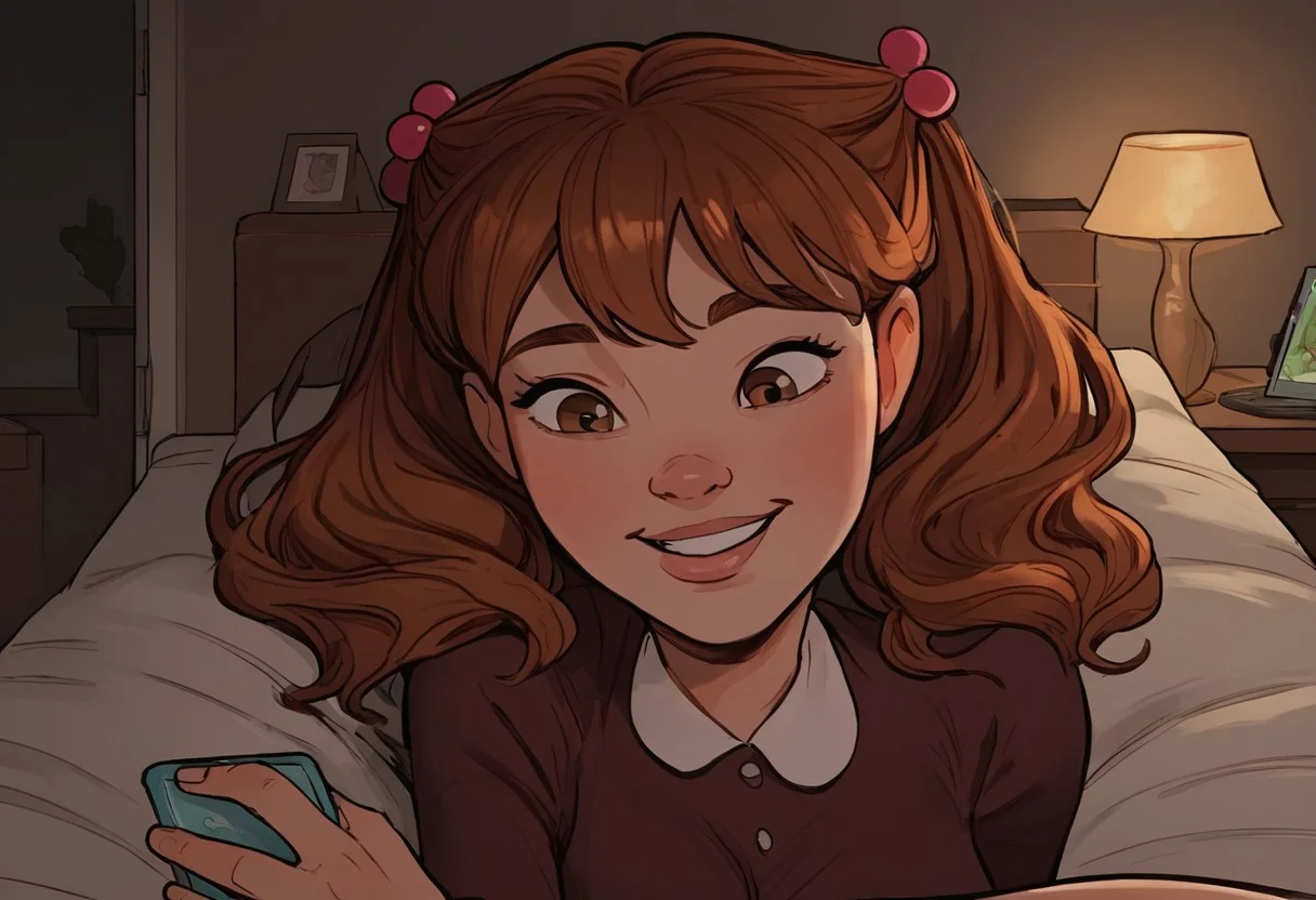score_9, score_8_up, score_7_up, 1boy, 1 woman ,beautiful pale skin woman , beautiful woman, (((hair in pigtails))), hair bobbles, straight hair, masterpiece, high resolution, intricate details, night, lovely cute face, bright big brown eyes, wearing a brown dress, very happy, texting on her phone, texting someone