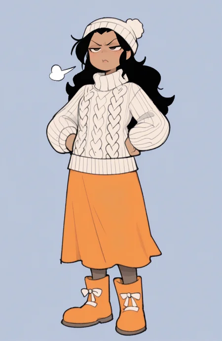1girl, solo, <lora:TemmieChang_v5:0.9> tmchng,
Princess Jasmine, dark-skinned female, black hair, winter outfit, knit sweater, long skirt, pantyhose, snow boots, beanie, standing, hands on hips, exasperated sigh, squinting eyes, annoyed expression, extremely detailed, highres, masterpiece, best quality