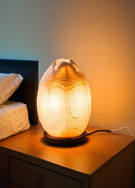 the xenoegg desk lamp, soft light, bedside table, bed,
<lora:Xenomorph_Egg_SDXL:1> xenoegg