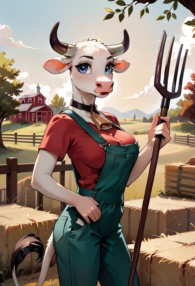 score_9, score_8_up, score_7_up, highres, high quality, perfection,
BREAK 
1girl, (solo: 2.0), girl alone, side view, cowboy shot,
BREAK 
furry female, cow girl, (anthro cow girl: 1.2), beautiful girl, cute girl, adult, 20 years old, detailed fur, white fur, detailed body, shapely girl, (slim body: 1.2), petite body, (bald_girl: 1.2), (baldness: 2.0), white horns, detailed face, beautiful face, eyelashes, (blue eyes: 1.2), perfect eyes, detailed eyes, large breasts, detailed hands,
red shirt, short sleeves, overalls, cowbell,
standing, holding pitchfork, looking ahead,
BREAK
outdoors, early morning, farm, field, hay bale,