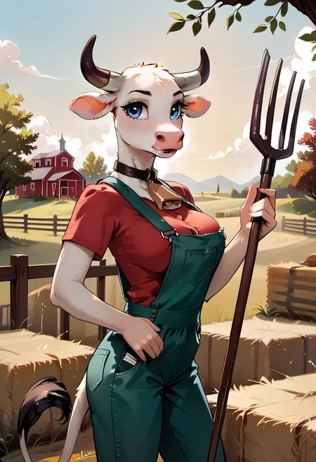 score_9, score_8_up, score_7_up, highres, high quality, perfection,
BREAK
1girl, (solo: 2.0), girl alone, side view, cowboy shot,
BREAK
furry female, cow girl, (anthro cow girl: 1.2), beautiful girl, cute girl, adult, 20 years old, detailed fur, white fur, detailed body, shapely girl, (slim body: 1.2), petite body, (bald_girl: 1.2), (baldness: 2.0), white horns, detailed face, beautiful face, eyelashes, (blue eyes: 1.2), perfect eyes, detailed eyes, large breasts, detailed hands,
red shirt, short sleeves, overalls, cowbell,
standing, holding pitchfork, looking ahead,
BREAK
outdoors, early morning, farm, field, hay bale,