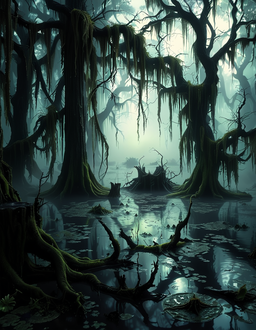 A demonic fairy woman sitting gracefully in an ominous swamp,0m1n0us sw4mp. She has a hauntingly beautiful appearance, with translucent, tattered wings resembling those of an insect, glowing faintly in a dark, eerie hue. Her skin is pale with subtle, intricate patterns like magical runes etched into it, and her eyes glow with an unsettling red or violet light. She wears an ethereal, dark gown made of shredded, otherworldly fabric that appears to flow like smoke, blending with the mist of the swamp. Her hair is long, wild, and black with streaks of silvery white, floating slightly as if affected by unseen magical energy.
The swamp around her is dark and foreboding, with twisted, gnarled trees reaching out like claws. The water is murky, reflecting a pale, sickly green glow from bioluminescent plants and fungi scattered throughout. The air is filled with a faint, ghostly mist, and strange, faint lights hover in the background, adding a mystical atmosphere. The lighting is dim, with a soft, ethereal glow illuminating the fairy woman from below, contrasting with the deep shadows of the swamp. The mood is dark, mysterious, and magical, evoking both beauty and menace.<lora:SDXLFaeTastic2400:0.4> <lora:extremely_detailed:0.4> extremely detailed, <lora:0m1n0us_sw4mp:1>, Masterpiece,best quality,hi res,8k,hi res,8k,award winning,(sharp focus, intricate, highly detailed),
