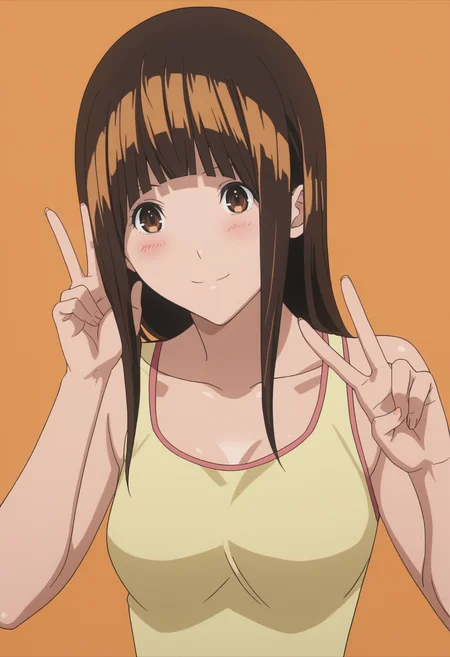 score_9, score_8_up, score_7_up,  BREAK, 1girl,  anime screencap ,   <lora:DX888Miho:1> azuki miho, brown hair, brown eyes, long hair, blunt bangs,
light smile, blush, v pose, tank top,   pastel background,   orange  background
