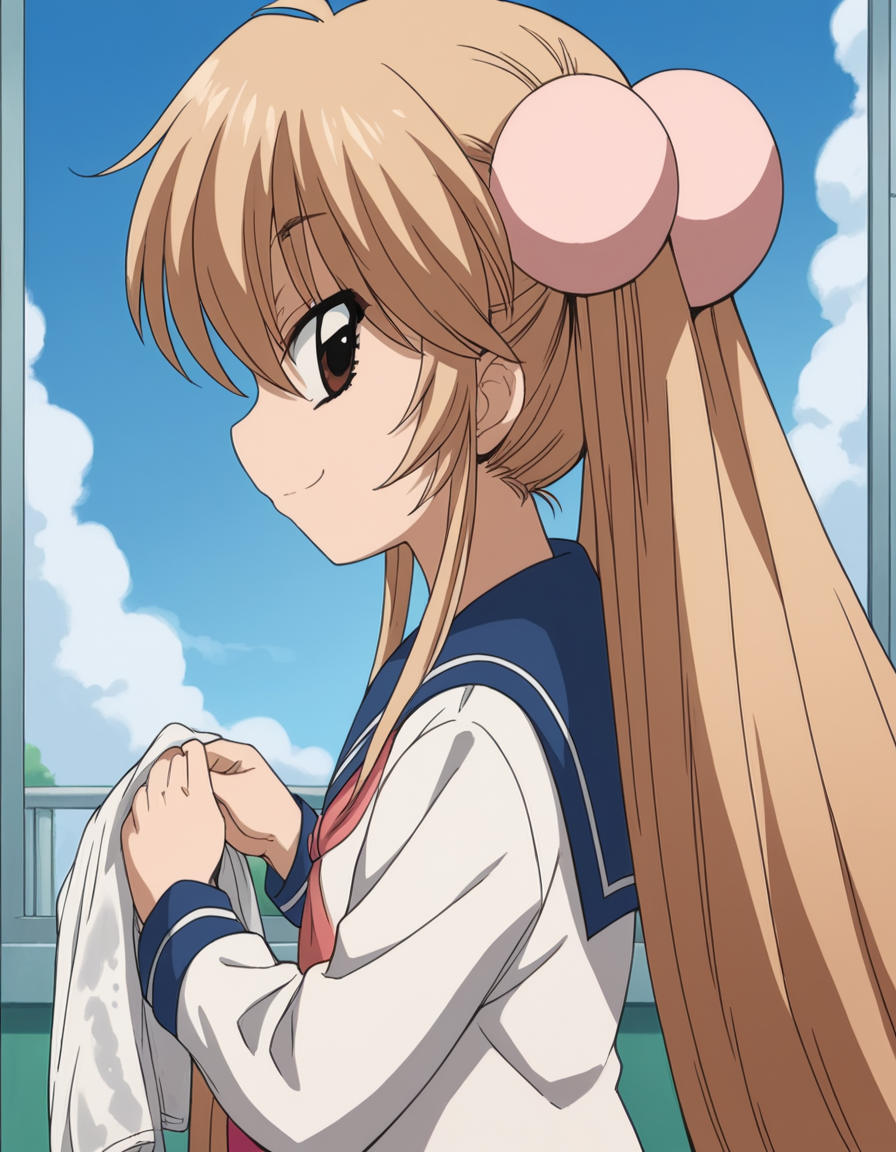 score_9, score_8_up, score_7_up, source_anime, <lora:rin-kokonoe-s1-ponyxl-lora-nochekaiser:1>, rin kokonoe, long hair, brown hair, hair ornament, twintails, brown eyes, very long hair, hair bobbles,, school uniform, serafuku, long sleeves,, laundry day, clothesline, drying clothes, domestic life, fresh air, blue sky, smile, from side, looking at viewer, solo,, dutch angle, cowboy shot