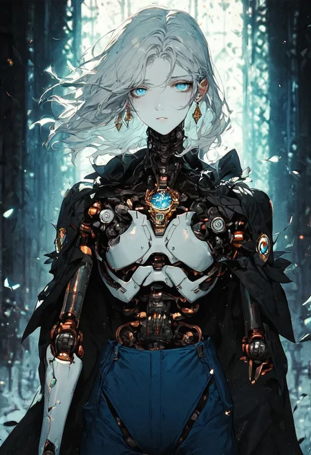 score_9, score_8_up, score_7_up, (unreal engine 5, unreal engine 3d scene), HD, details, high quality, rendered face, source_anime, good_hands. hourglass figure, perfect body,
score_9_up, score_8_up, score_7_up,source_anime, highly detailed, sharp, masterpiece, intricate details, a sexy robot girl,
BREAK
medium hair, earrings, cloak ,cape, jewelry, blue shorts, boots,
BREAK
soft skin, soft skin, shining glossy skin, soft abs, slim waist, (slender body),
Expressiveh, (volumetric lighting:1.2), cinematic, cinematic lighting, reflections, ultra hd, visual effects, graphic effects, 
ambient occlusion, raytracing, soft lighting, realistic, blum effect, masterpiece, absolutely eye-catching, particles, glow, shining, intricate cinematic background, (beautiful face), 
BREAK
 (score_9, score_8_up, score_7_up), (Masterpiece), (expressive eyes), 1girl, Automaton, colored skin, (white_skin:2.0), (joints:2.0), white hair, blue eyes, glowing blue eyes, <lora:MGE_V5.1:0.5>
BREAK 
score_9, score_8_up, score_7_up, score_6_up, score_5_up, 
<lora:mitraXLP:1> mitra,
<lora:Kenva:1.0> knva, halftone effect,