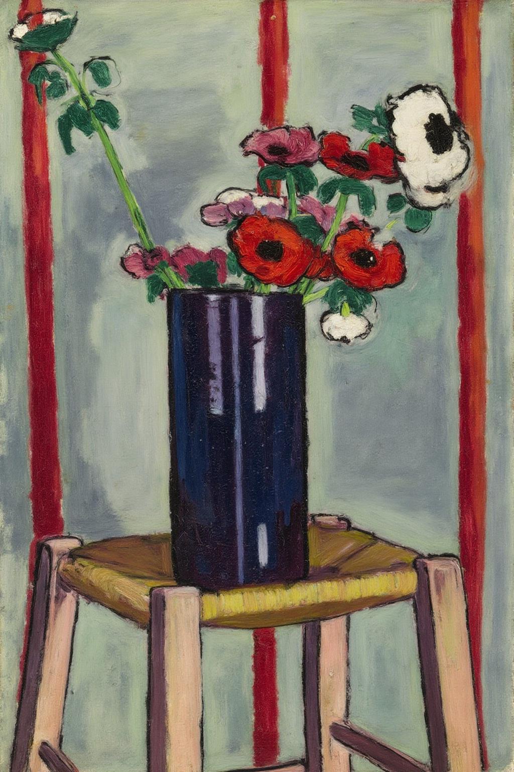 henrylymansayen1 painting.
A bouquet of flowers in a tall, dark blue vase. The flowers include red, pink, and white blossoms with green leaves and stems. The vase is on a wooden stool with a woven seat, painted light yellow. The background features a mix of soft greens, blues, and purples, with vertical red and orange elements. <lora:henrylymansayen1_cap_d6a3:1.0><lora:861457628235052074:0>