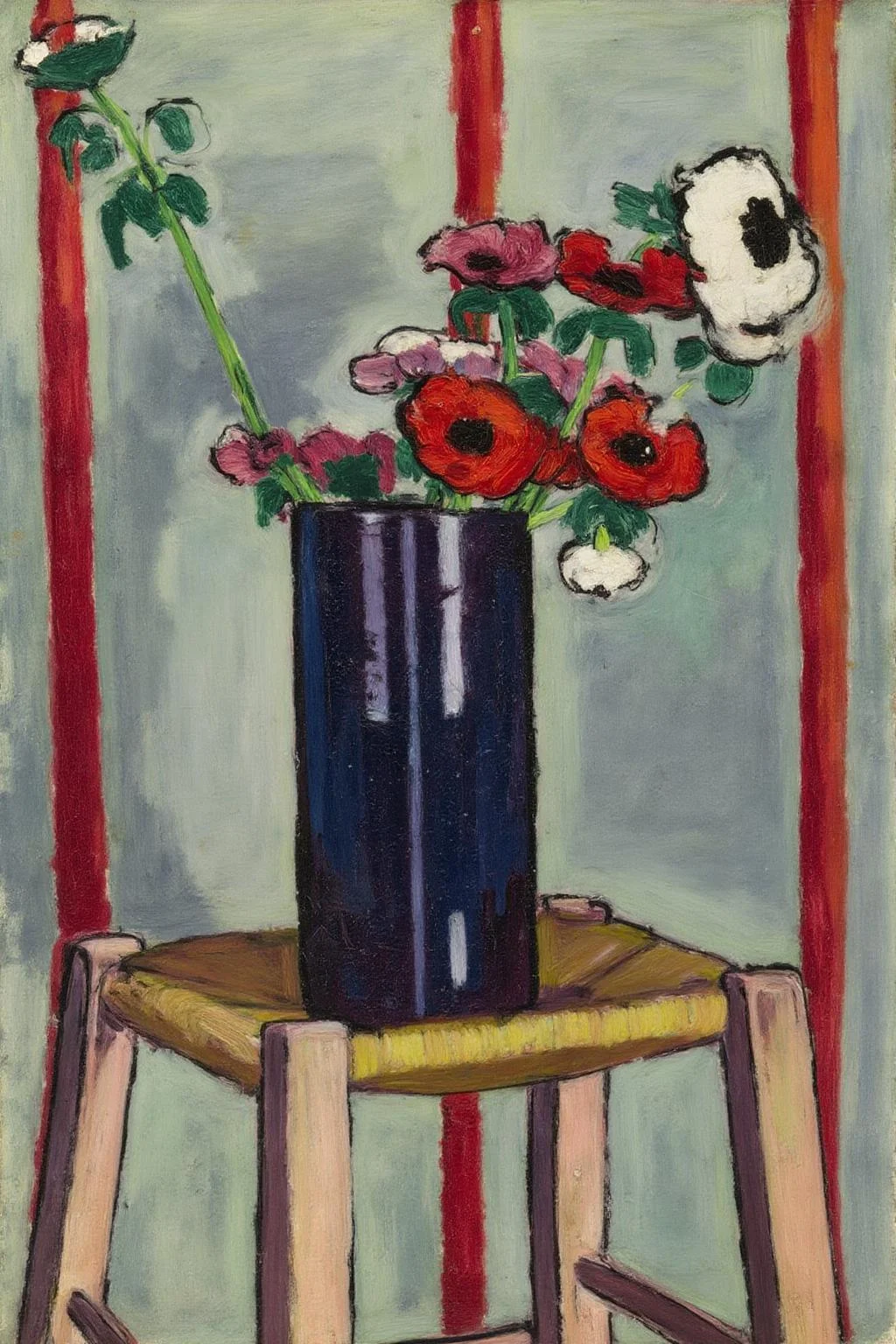 henrylymansayen1 painting.
A bouquet of flowers in a tall, dark blue vase. The flowers include red, pink, and white blossoms with green leaves and stems. The vase is on a wooden stool with a woven seat, painted light yellow. The background features a mix of soft greens, blues, and purples, with vertical red and orange elements. <lora:henrylymansayen1_cap_d6a3:1.0><lora:861457628235052074:0>