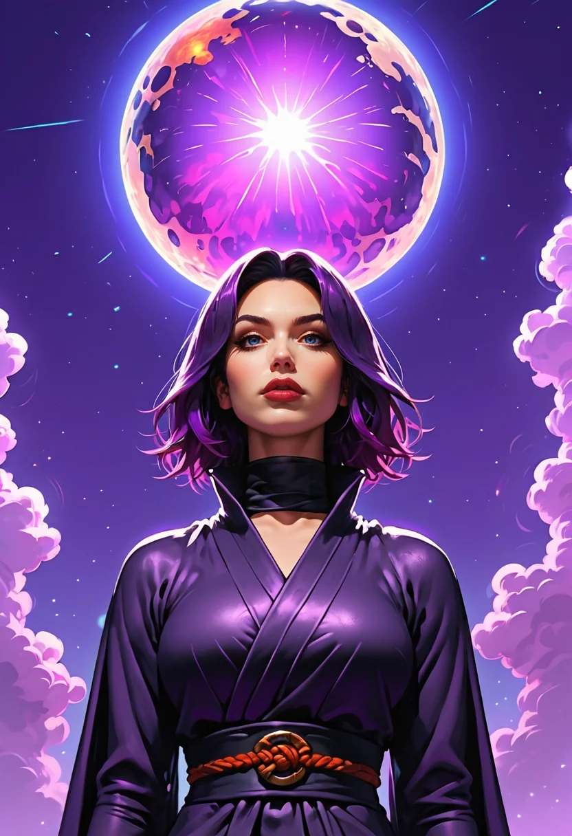 <lora:g0th1cPXL:0.5>g0th1c<lora:TradingCardsPonyXL:0.65>dsktrdcardxl,score_9, score_8_up, score_7_up, score_6_up, solo, source_comic, comic book art, fantasy art, Lenticular, dark and dim, Low Angle, (side view perspective), a woman, (ninja:1.1) woman, with amber ,purple hair, deep dark black ,blue eyes, detailed eyes, with a high collar cyber (Samurai:1.1) jacket, Large linen cape ,super detailed, background is gray , surrounded by a detailed spacescape with translucent dark-amber Highlights, stunning lighting, detailed, highly vibrant, detailed, masterpiece, highly detailed, high quality, score_5_up, score_4_up,