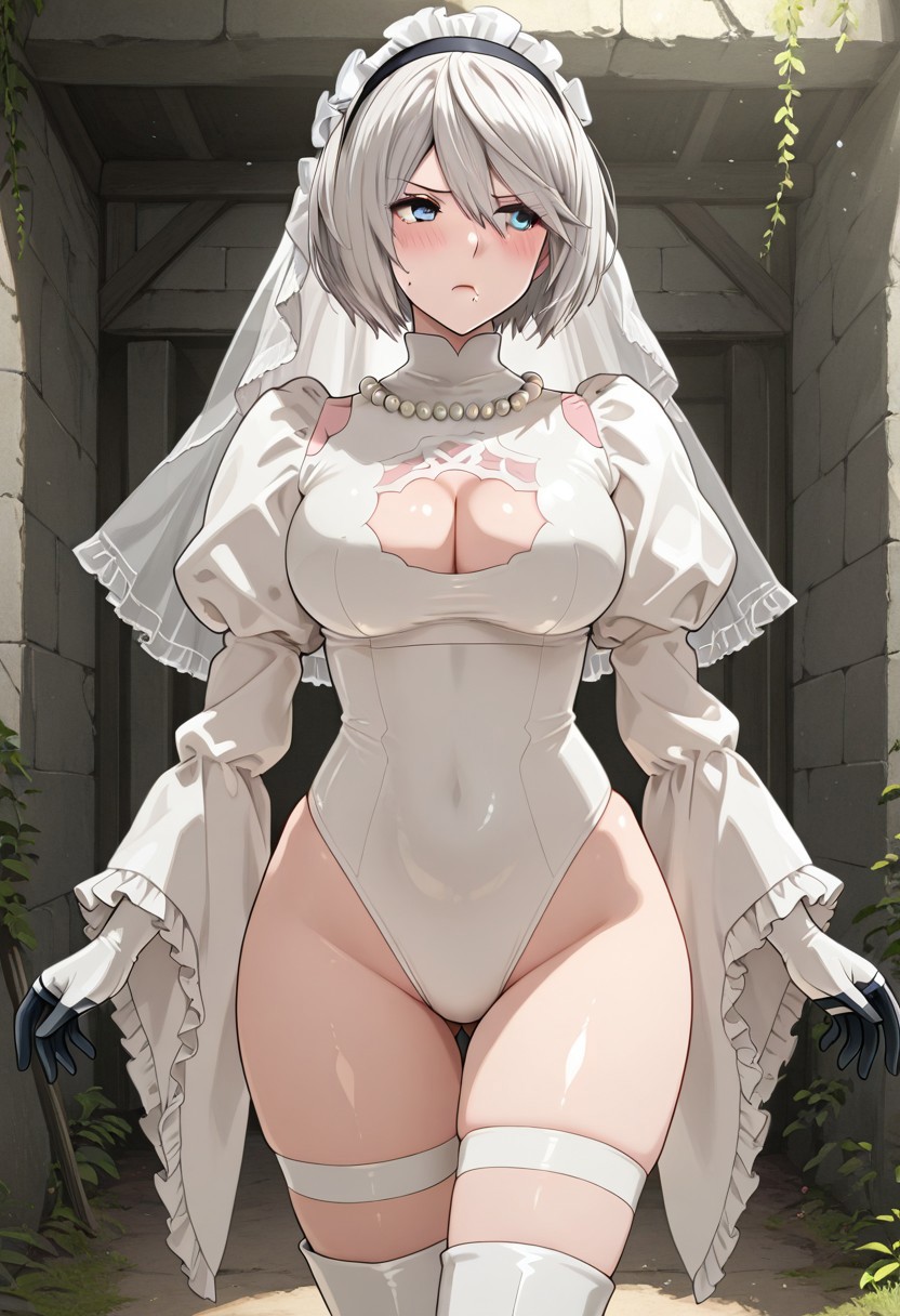 stand up, score_9,score_8_up,score_7_up,  detailed anime, nier anime style, screencap. source anime, masterpiece, detailed photo, perfect body, perfect face, pureerosface_v1, 2bWedding, 1girl, solo, clothing cutout, bridal gloves, cleavage cutout, high heels, large breasts, curvy, wide hips, large hips, silver hair, short hair, blue eyes, thighhighs, white leotard dress, thighhighs boots, high heel boots, white leotard, hairband, no blindfold, long sleeves, ((black with white gloves)), wide sleeves, white thighhighs, thigh strap, cleavage, pink lips, puffy sleeves, underwear, 1mole under mouth, leotard, parted lips, juliet sleeves, frills, white frilled hairband, detached sleeves, veil, pearl necklace, highleg leotard, see-through clothes,
BREAK
cowboy shot, standing, frontal view, shiny skin, smoothy skin, blush, pout, closed mouth, looking to the side, upper body, looking at viewer,