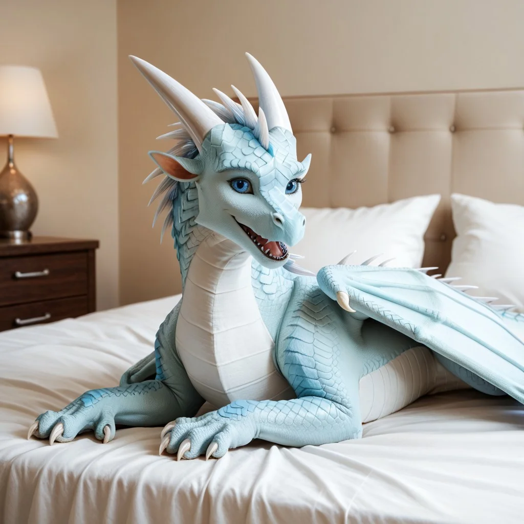 score_9, score_8_up, score_7_up, score_6_up, score_5_up, score_4_up, masterpiece, high quality, realistic, detailed, best quality, white bed, solo, rating_safe, source_furry, bedroom, smiling, open mouth smile, happy, detailed eyes, detailed face, looking at viewer, lying on belly, Icewing_wof, dragon, horns, claws, wings, tail, icewing spikes, white scales, 1girl, female, blue eyes, feral