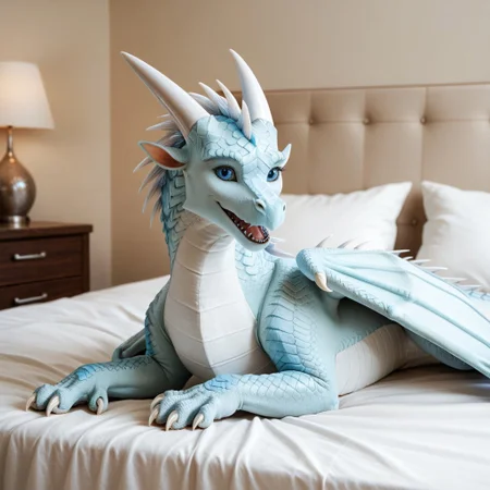 score_9, score_8_up, score_7_up, score_6_up, score_5_up, score_4_up, masterpiece, high quality, realistic, detailed, best quality, white bed, solo, rating_safe, source_furry, bedroom, smiling, open mouth smile, happy, detailed eyes, detailed face, looking at viewer, lying on belly, Icewing_wof, dragon, horns, claws, wings, tail, icewing spikes, white scales, 1girl, female, blue eyes, feral