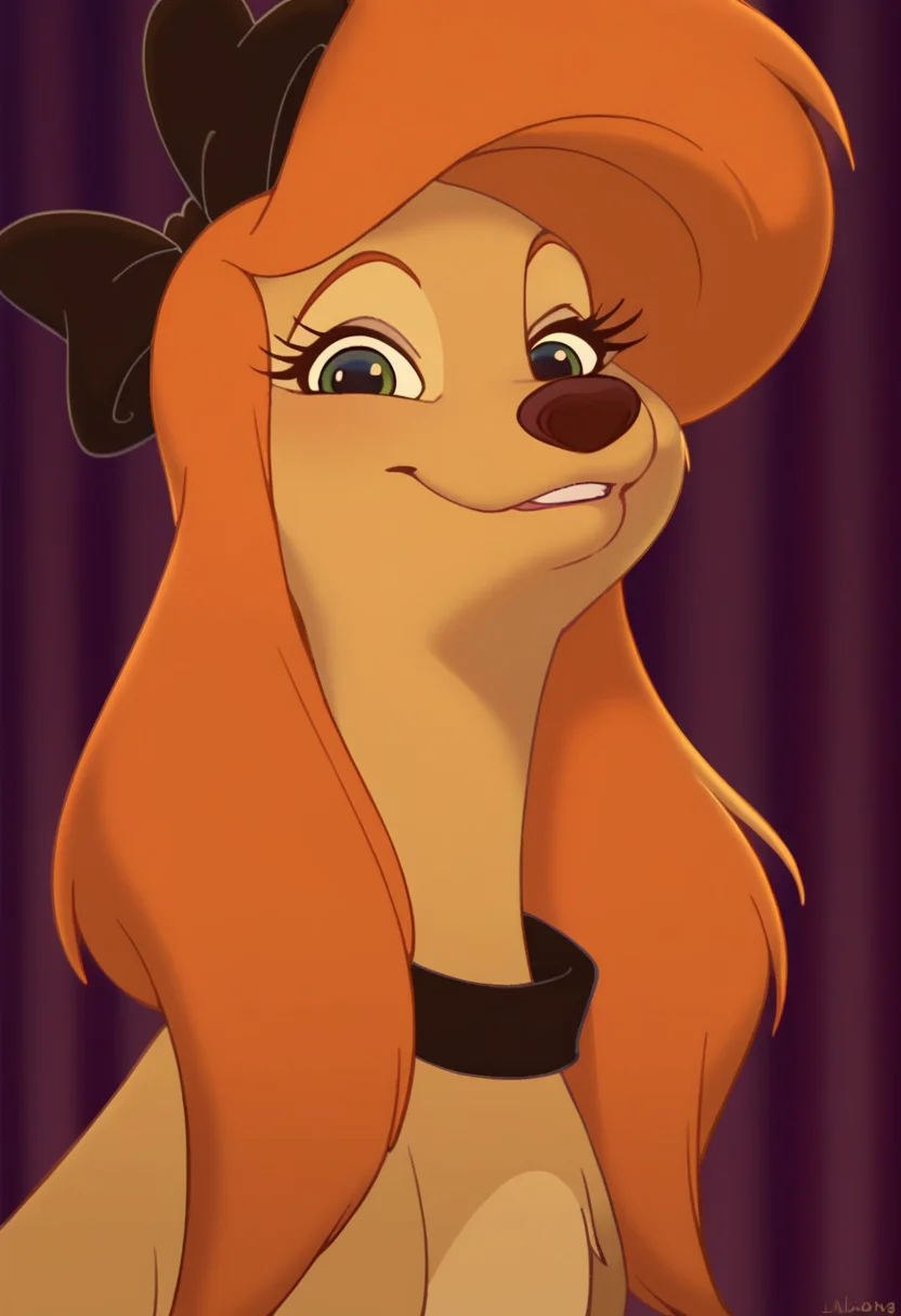 score_9, score_8_up, score_7_up, score_6_up, score_5_up, score_4_up, by imalou, feral, dixiedog, hair bow, dog, body fur, brown fur, animal, black bow, orange hair, eyelashes, female, cute, smile, looking at you, portrait, detailed, beautiful, 8k <lora:Imalou_style:1> <lora:Dixie:1>