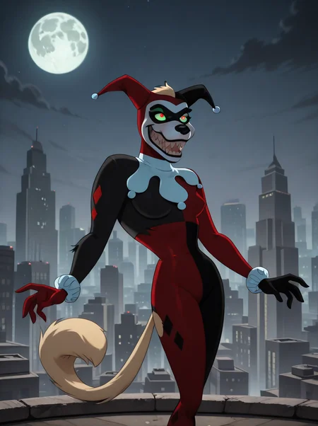 <lora:Harley_Quinn_-_Batman_Animated_Illustrious_v1:0.9>, h4rl3yqu1nn, <lora:dcau234-illu3_r1:0.5>, <lora:RealisticAnimeIXL:0.6>, h4rl3yhy3n4, furry, green sclera, red eyes, sharp teeth, jester cap, jester bodysuit, torn clothes, tail, gotham city skyline, moon