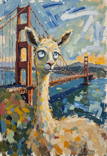 Clip L an award-winning, Expressionism Cartoons, sketch painting,Colorful painting of a half-body shot of a funny natural-colored llama The Golden Gate Bridge in the background, bright colors and dynamic brushstrokes draw the focus to the llama and the interplay of light and color, creating a lively and intensely nostalgic atmosphere.T5XXLan award-winning, Expressionism Cartoons, sketch painting,Colorful painting of a half-body shot of a funny natural-colored llama The Golden Gate Bridge in the background, bright colors and dynamic brushstrokes draw the focus to the llama and the interplay of light and color, creating a lively and intensely nostalgic atmosphere.