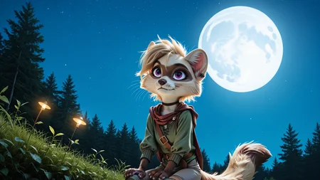 (detailed background:1.2), photorealistic, high quality, image depth, cinematic lighting, photorealistic, detailed shading, <lora:pony_good_hands:1>, solo, masterpiece, highest quality, detailed face, deep shadows, SFW, night setting, <lora:Beautiful Detailed Eyes:1> <lora:Detailed_eyes:1>, fluffy fur, (Brooke,1girl,solo,furry female,racoon girl,purple eyes,blonde hair,short hair,bangs,body fur,two tone fur,grey fur,white fur,tail,black choker,snout,animal nose,whiskers,earings,piercing, armless green top, anthro, fluffy, fluffy fur, paws, moon, trees, tunic, pants, cape, scarf, leg wrap, <lora:Brooke_v01_ILXL:1>, score_9, score_8_up, score_7_up, score_6_up, score_5_up, score_4_up,