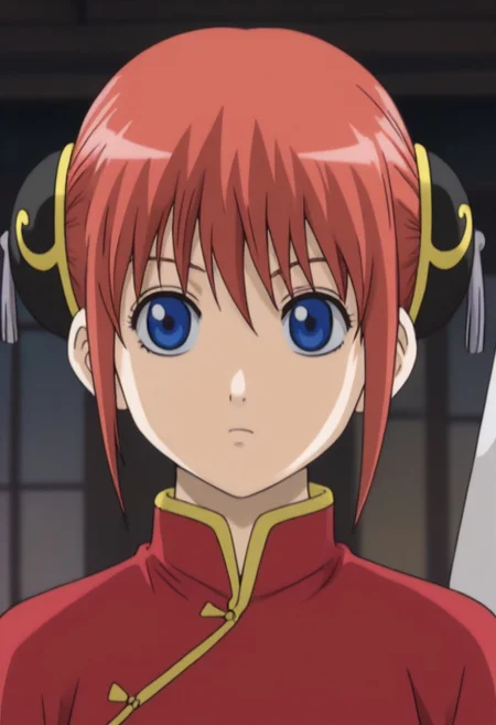 <lora:Kagura:0.8>blue eyes, red hair, Kagura red cheongsam with yellow piping outfit, Chinese clothes, double bun, bun cover, China dress,