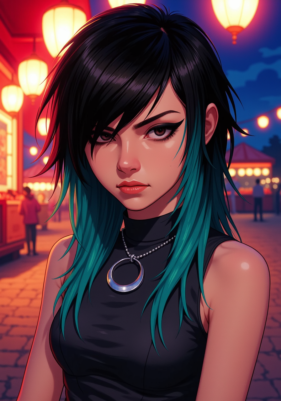 A cel-shaded anime-style portrait under glowing festival lights on a warm summer night. She has a distinctive 2000s scene/emo haircut: thick, sharply angled bangs that sweep across one eye, with long layered strands and long sidelocks that drape in front of her shoulders, tipped in soft streaks of bright cyan. Her intense eyes are framed by bold black winged eyeliner. The young woman wears a high-collared, sleeveless outfit in dark satin and teal, leaning slightly into the camera as if caught in a moment of introspection mid-celebration. A silver crescent-shaped necklace catches the lantern light, which also glints off her glossy lips and brightly dyed hair. The background features softly blurred red festival stalls and a distant night sky, balancing warmth and coolness in tone.<lora:2000s_Scene_Emo_Hair.safetensors:1.0:1.0>