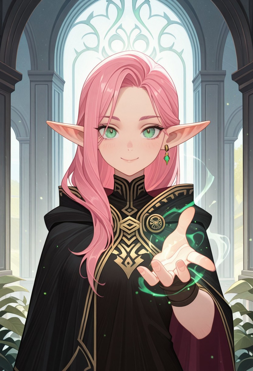 masterpiece, best quality, amazing quality,,<lora:afkArenaIllustrious:1>
afkarenastyle,
1girl, female elf, solo, casting spell, magic aura, portrait, female focus, pink hair, green eyes, slim, long hair, hair swept to one side, light skin, smile, looking at viewer, outdoors, beautiful, black cloak with gold trimming, earrings, indoors, arcane library