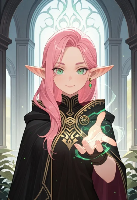 masterpiece, best quality, amazing quality,,<lora:afkArenaIllustrious:1>
afkarenastyle,
1girl, female elf, solo, casting spell, magic aura, portrait, female focus, pink hair, green eyes, slim, long hair, hair swept to one side, light skin, smile, looking at viewer, outdoors, beautiful, black cloak with gold trimming, earrings, indoors, arcane library