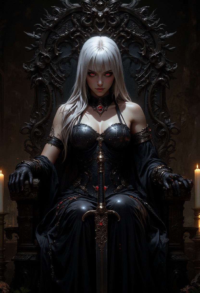 Image is a digital fantasy artwork featuring a gothic, medieval style. The layout centers on a woman seated on an ornate, dark throne with intricate carvings. She has long, flowing white hair and pale skin, with striking red eyes that stand out against her complexion. Her attire is a black, intricately designed corset with metallic accents, adorned with red gemstones that match the pendant around her neck. Her expression is intense and commanding. The background is dimly lit, with glowing candles adding a warm, ambient light. The overall atmosphere is mysterious and dark, enhanced by the presence of a large, decorative sword held upright in her hand. The setting suggests a regal, yet ominous environment, with a focus on the character's powerful and enigmatic presence. S1n0z1ck style, mythp0rt, samurai
