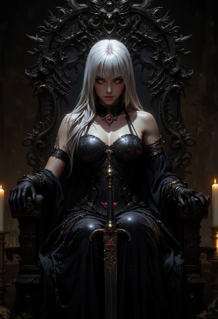 Image is a digital fantasy artwork featuring a gothic, medieval style. The layout centers on a woman seated on an ornate, dark throne with intricate carvings. She has long, flowing white hair and pale skin, with striking red eyes that stand out against her complexion. Her attire is a black, intricately designed corset with metallic accents, adorned with red gemstones that match the pendant around her neck. Her expression is intense and commanding. The background is dimly lit, with glowing candles adding a warm, ambient light. The overall atmosphere is mysterious and dark, enhanced by the presence of a large, decorative sword held upright in her hand. The setting suggests a regal, yet ominous environment, with a focus on the character's powerful and enigmatic presence. S1n0z1ck style, mythp0rt, samurai