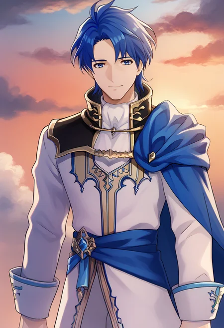 score_9, score_8_up, score_7_up, source_anime, BREAK, solo, 1boy, smile, looking at viewer, <lora:Sigurd-pdxl_Fp:1>, sigurdfe4, blue eyes, blue hair, short hair, white coat, white pants, collar, armor, blue cape, long sleeves, <lora:Engage-S-Rank-pdxl_Fp:1>, sky, cloud, sunset,