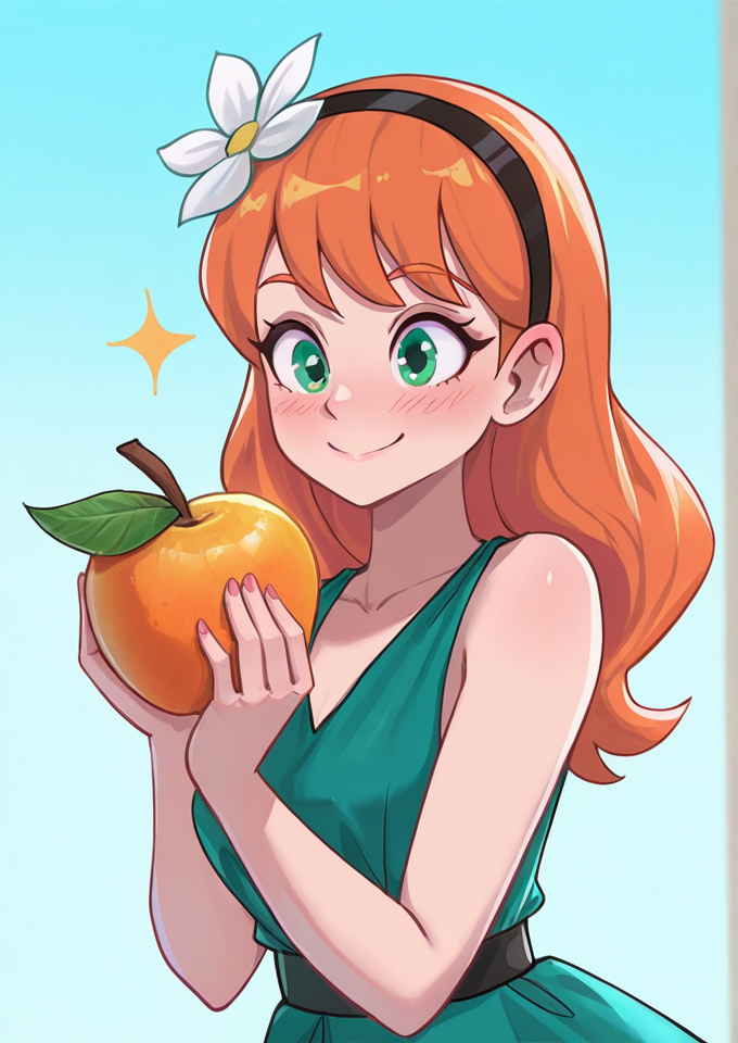 masterpiece, best quality, amazing quality, very aesthetic, absurdres,  newest,
dlh, 1girl, solo, smile, long hair, green eyes, food, fruit, blush, hairband, orange hair, sleeveless, upper body, white flower, flower, dress, holding, sparkle, persefone,
 <lora:Destripando_la_Historia_Style:1>