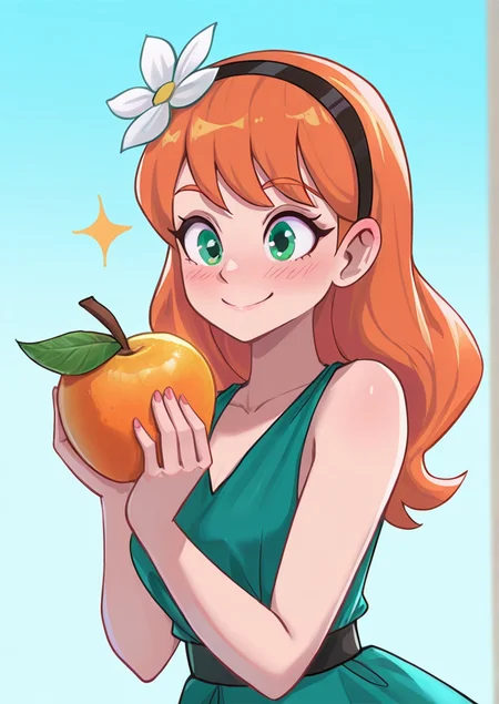 masterpiece, best quality, amazing quality, very aesthetic, absurdres, newest,
dlh, 1girl, solo, smile, long hair, green eyes, food, fruit, blush, hairband, orange hair, sleeveless, upper body, white flower, flower, dress, holding, sparkle, persefone,
<lora:Destripando_la_Historia_Style:1>