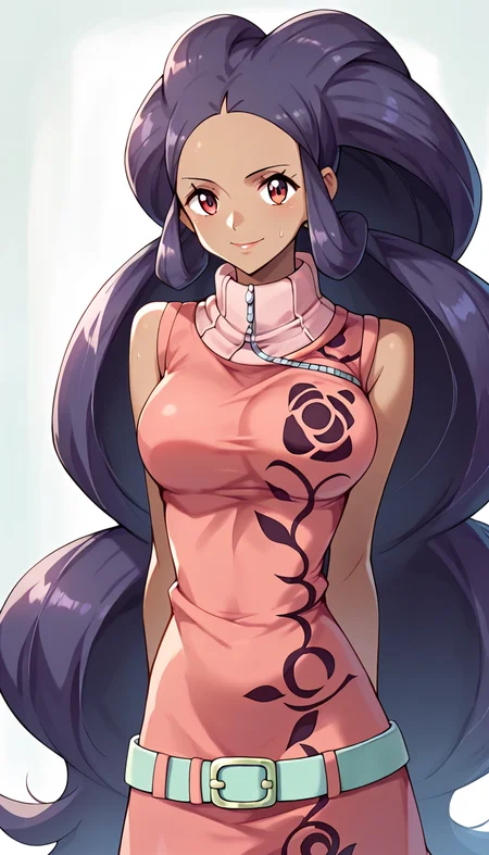 score_9, score_8_up, score_7_up, score_6_up, score_5_up, score_4_up, 1girl, iris \(pokemon\), dark skin, purple hair, big hair, very long hair, red eyes, pink dress, turtleneck, green belt, <lora:Conis_v2:1>