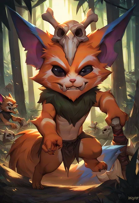 score_9, score_8_up, score_7_up, score_6_up, gn4r, 1boy, yordle, fangs, teeth, skull, skull on head, orange fur, black eyes, tail, holding weapon, bone, full body, forest,
<lora:Manwha_Anime_Style:1>, manhwastyle, <lora:Gnar_Default_v1:0.7>, solo