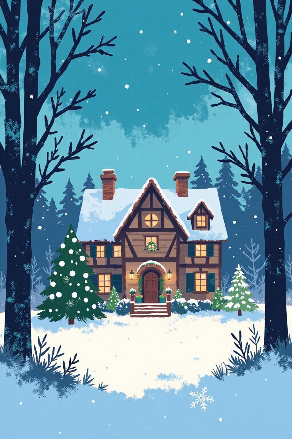 i11ustmin Illustration of a beautiful house at christmas, snowing, forest background <lora:minimalist_flat_nocap_nbm:1.0> <lora:Flux-Sch-SingleBlocks-BF16:1.0><lora:797953371387505915:0>