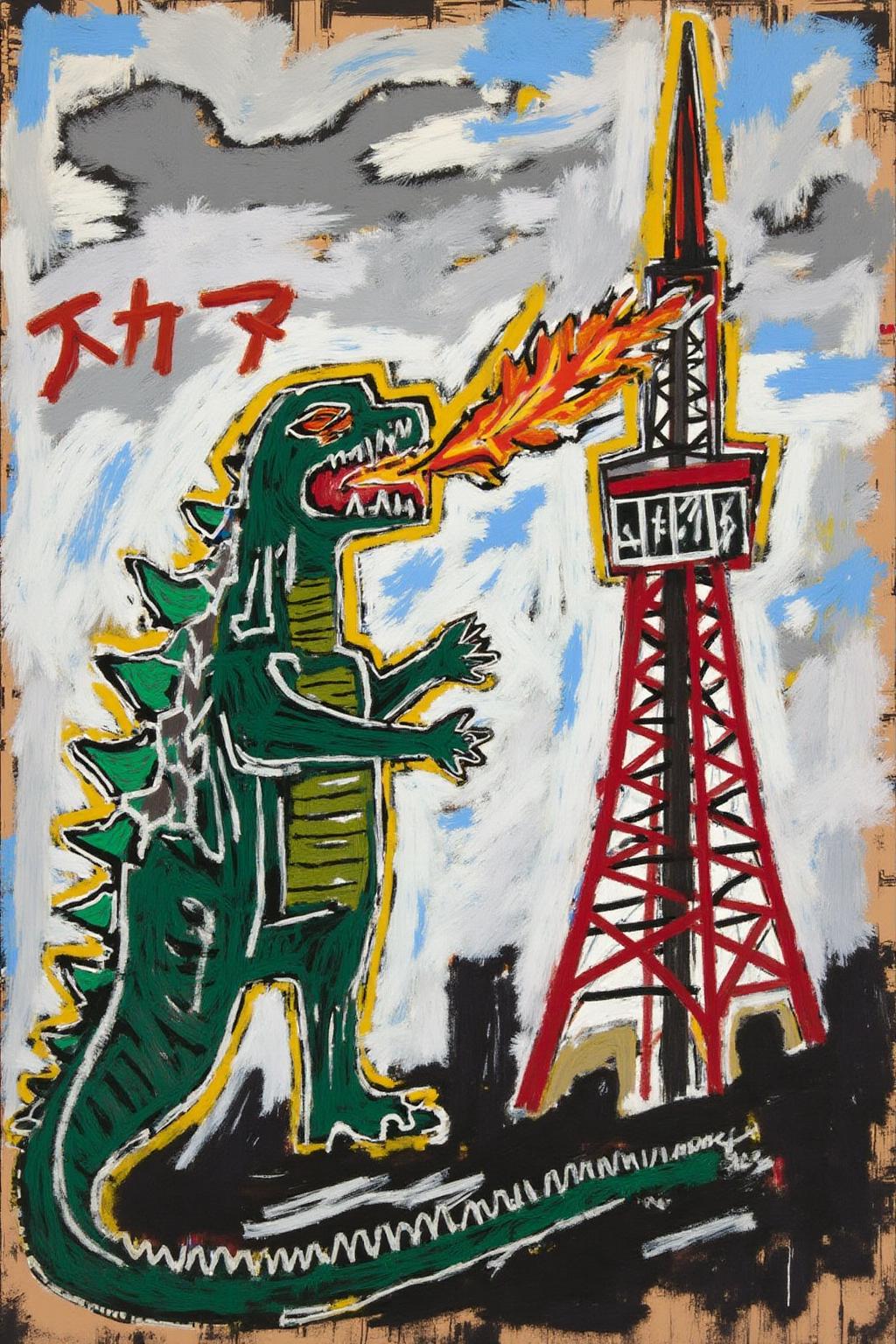 basquiat1 painting
Godzilla standing beside Tokyo tower, breathing fire <lora:basquiat1_cap_d6a3e11:1.0><lora:835169924432287144:0>