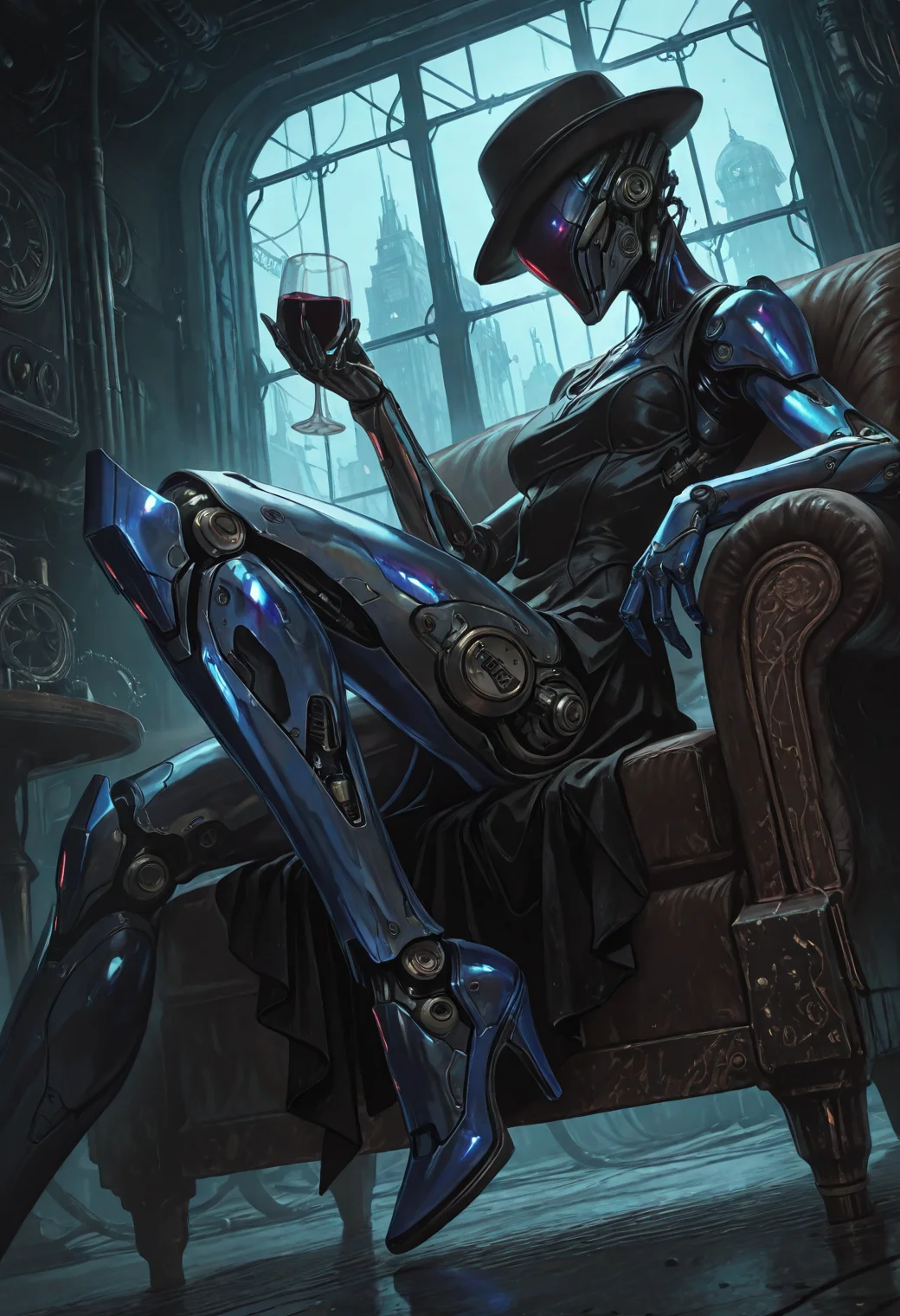 masterpiece,best quality,amazing quality,32k,ultra detailed, 1girl. cyborg, sexy, attractive, elegant, snob, humanoid appearance, noble behavior, sits in the armchair, metal body, blue chrome, carbon, glowing joints with soft white color, thight black dress, one hand over armholder, high heels, bowler hat, holds glass with black wine, leg over leg, from side, dutch angle, close up,establishing shot, panoram window, window view on steampunk city, merge victorian steampunk with futuristic sci fi, dark dystopia, dark and depressing atmosphere, detailed environment, seamless, noir, 15546+456868, sinozick_illu, arsmjstyle, <lora:Sinozick_style:0.65> <lora:HyperdetailedColoredPencilIl:0.25> <lora:illustriousXL_stabilizer_v1.23:0.35>, <lora:- iLL - the_edgy_mech_V2.0-:0.5> <lora:LeagueOfLegendsIL:0.8> <lora:114558v4df2fsdf5:0.2> <lora:NijijourneyNoob_byKonan:0.25>