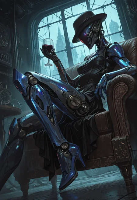 masterpiece,best quality,amazing quality,32k,ultra detailed, 1girl. cyborg, sexy, attractive, elegant, snob, humanoid appearance, noble behavior, sits in the armchair, metal body, blue chrome, carbon, glowing joints with soft white color, thight black dress, one hand over armholder, high heels, bowler hat, holds glass with black wine, leg over leg, from side, dutch angle, close up,establishing shot, panoram window, window view on steampunk city, merge victorian steampunk with futuristic sci fi, dark dystopia, dark and depressing atmosphere, detailed environment, seamless, noir, 15546+456868, sinozick_illu, arsmjstyle, <lora:Sinozick_style:0.65> <lora:HyperdetailedColoredPencilIl:0.25> <lora:illustriousXL_stabilizer_v1.23:0.35>, <lora:- iLL - the_edgy_mech_V2.0-:0.5> <lora:LeagueOfLegendsIL:0.8> <lora:114558v4df2fsdf5:0.2> <lora:NijijourneyNoob_byKonan:0.25>
