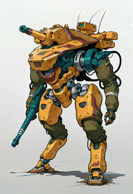 <lora:HeavyTechILXL:1> h3avyt3ch,
((robot)), mecha, no humans, weapon, walker, non-humanoid robot, radio antenna, solo, cable, cannon, military, standing, simple background, white background, military vehicle, grey background, masterpiece, best quality, amazing quality, intricate detail, highly detailed, absurdres, very aesthetic, dynamic lighting, detailed background, scenery, (volumetric lighting)