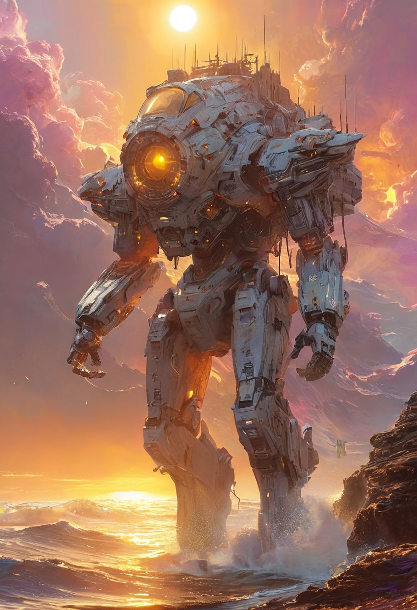 An establishing shot of a futuristic spaceship with focus on an extremely detailed panoramic background view of a vast ocean with high backlit breaking waves and megastructures on the horizon. Intriguing stunning mysterious epic sci-fi fantasy scene. Hyperrealistic, mixed media, ultra-detailed, ray-traced, award-winning, light leaks, lens flare, volumetric light scattering, high contrast, implied motion, deep depth of field, colorful, complementary colors, color graded