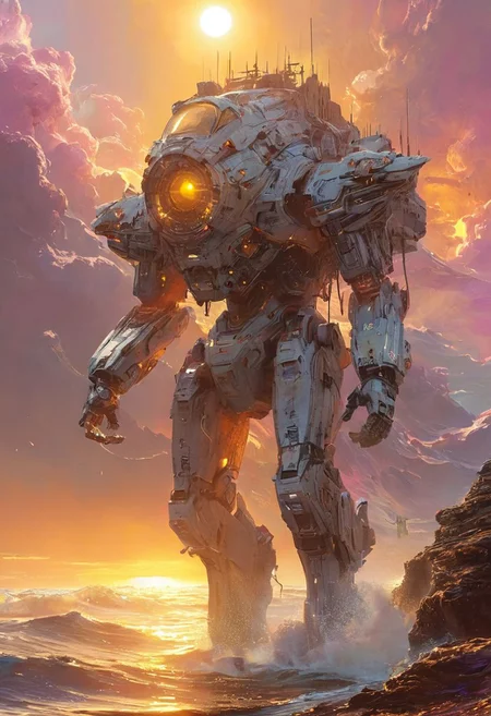 An establishing shot of a futuristic spaceship with focus on an extremely detailed panoramic background view of a vast ocean with high backlit breaking waves and megastructures on the horizon. Intriguing stunning mysterious epic sci-fi fantasy scene. Hyperrealistic, mixed media, ultra-detailed, ray-traced, award-winning, light leaks, lens flare, volumetric light scattering, high contrast, implied motion, deep depth of field, colorful, complementary colors, color graded